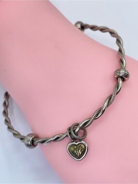 Brighton Silver Tone Cable Bracelet Heart Charm Twisted Bangle